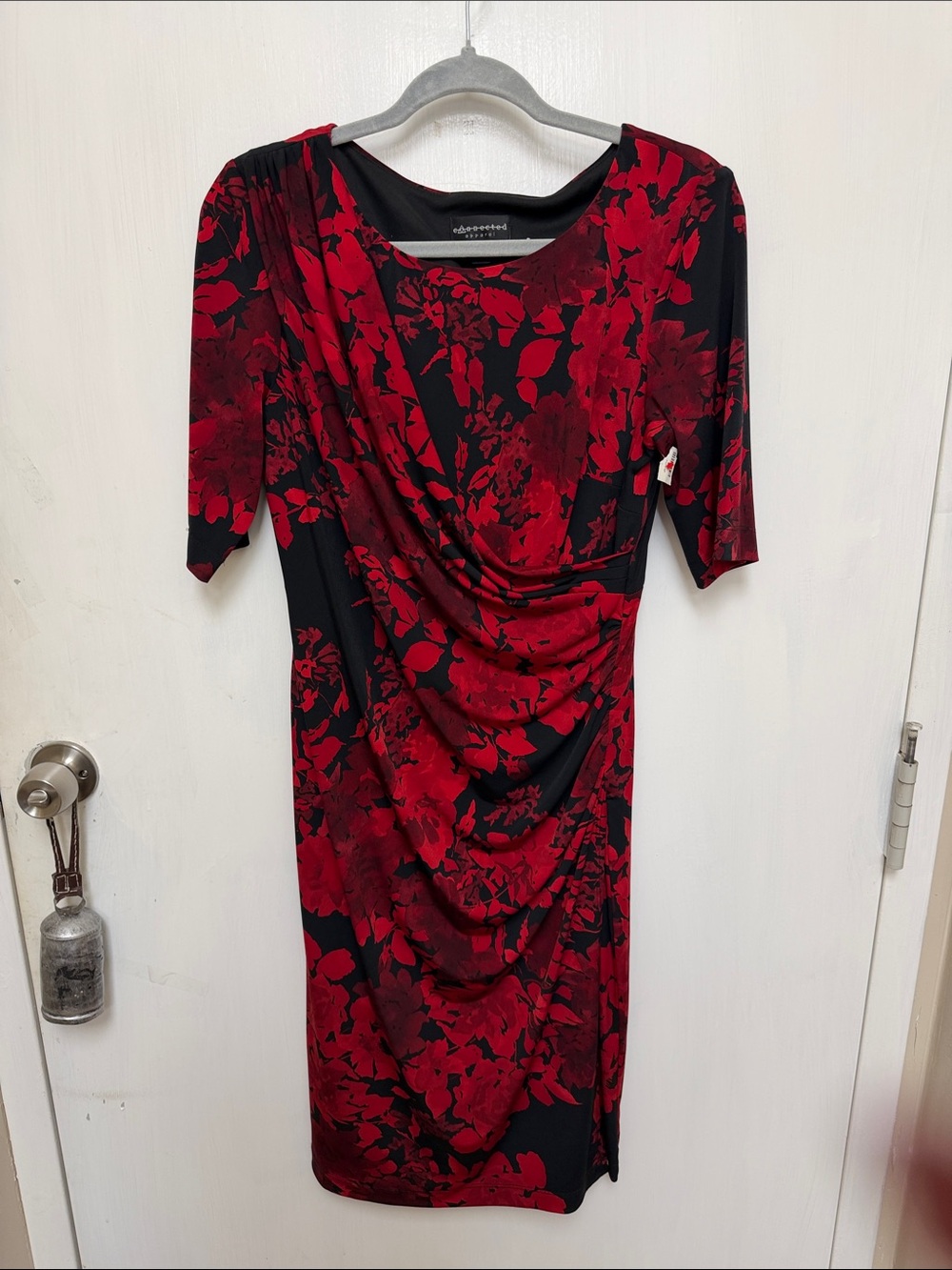 connected apparel Red and Black Floral Draped Midi Dress